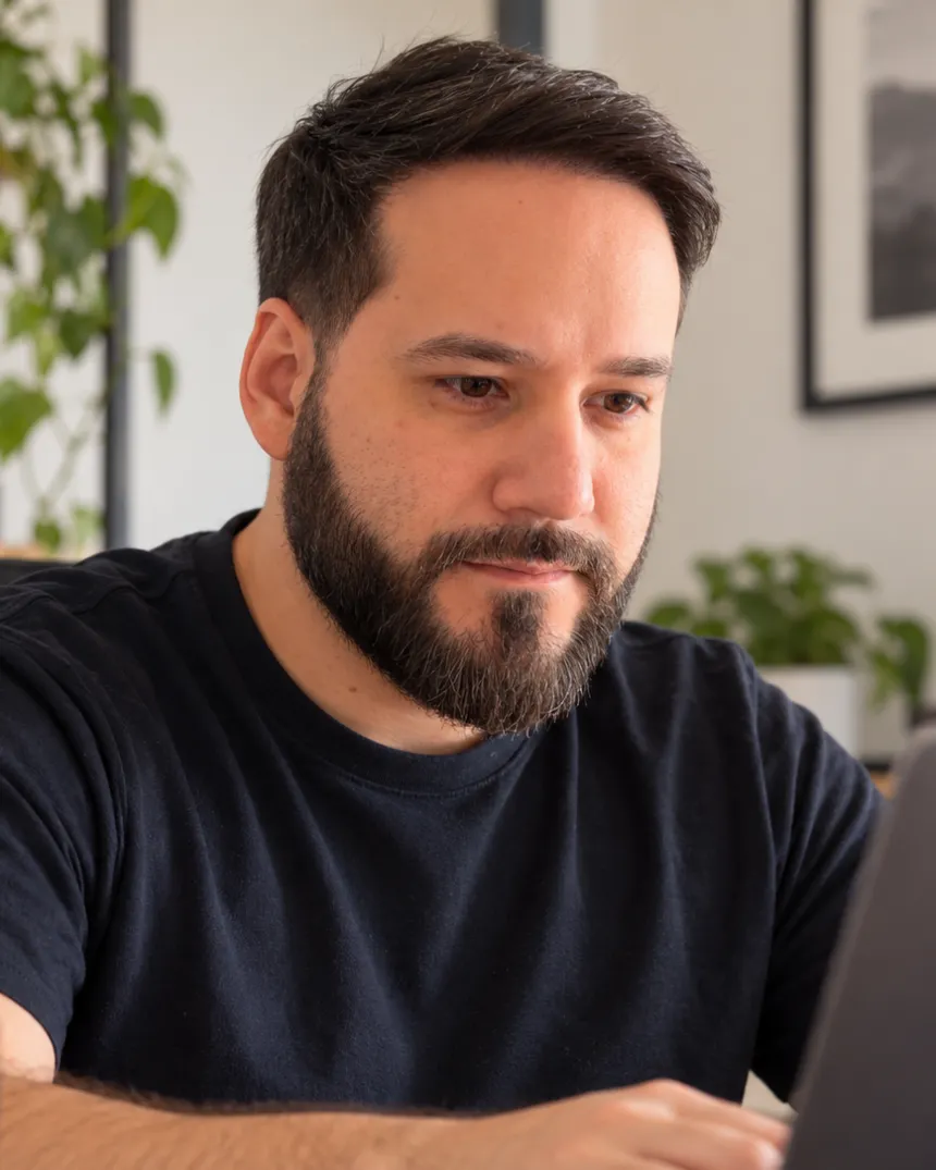 Valmore Salas, fundador de 7H, trabajando en su computador.